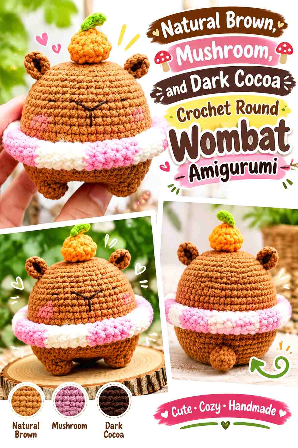 Natural Brown, Mushroom, and Dark Cocoa Crochet Round Wombat Amigurumi