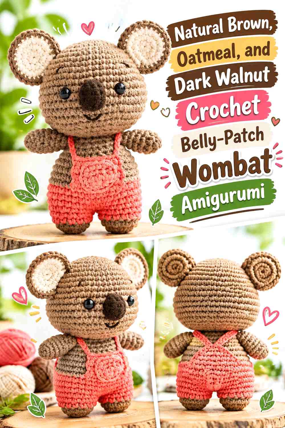 Natural Brown, Oatmeal, and Dark Walnut Crochet Belly-Patch Wombat Amigurumi