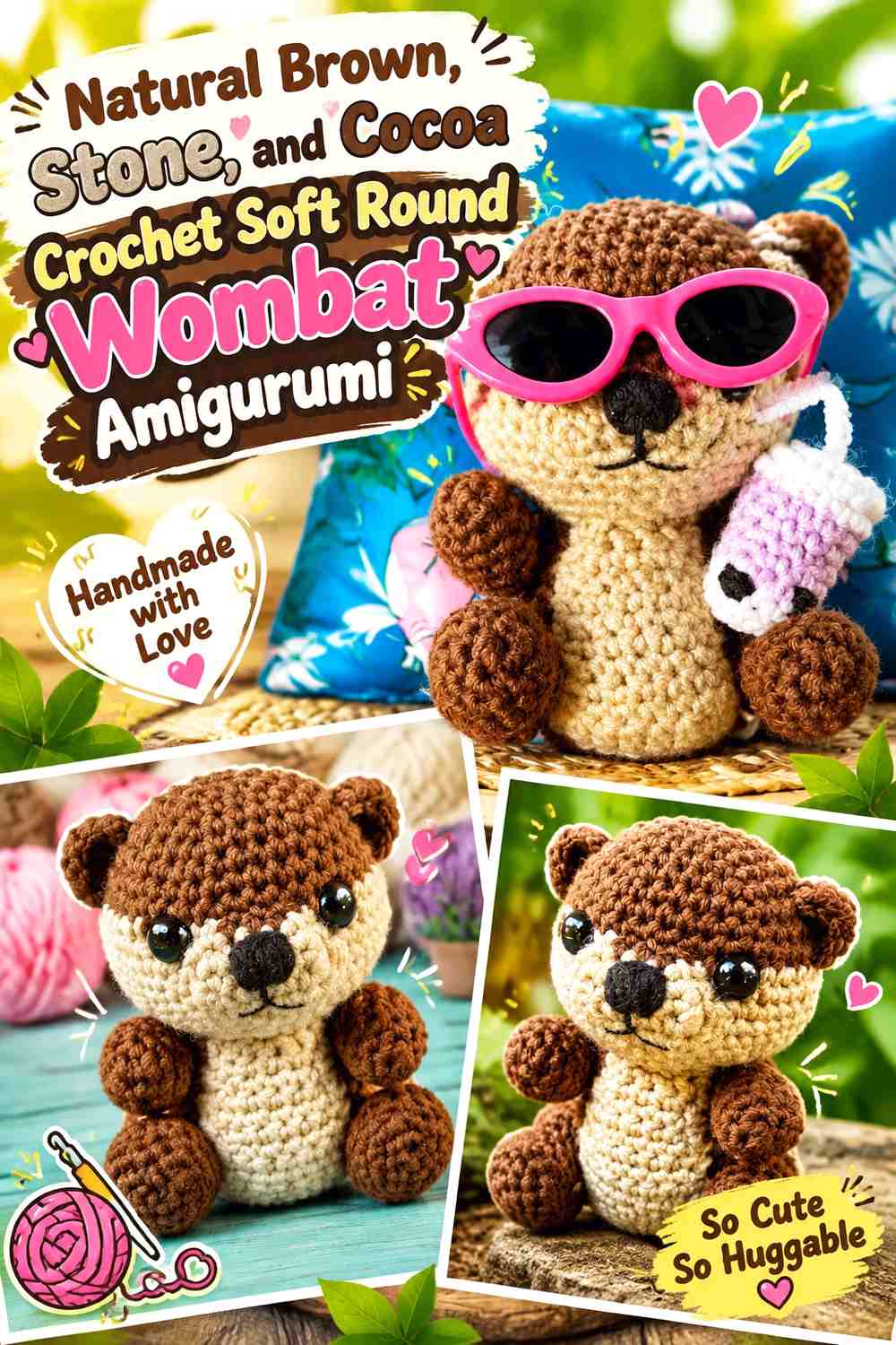 Natural Brown, Stone, and Cocoa Crochet Soft Round Wombat Amigurumi