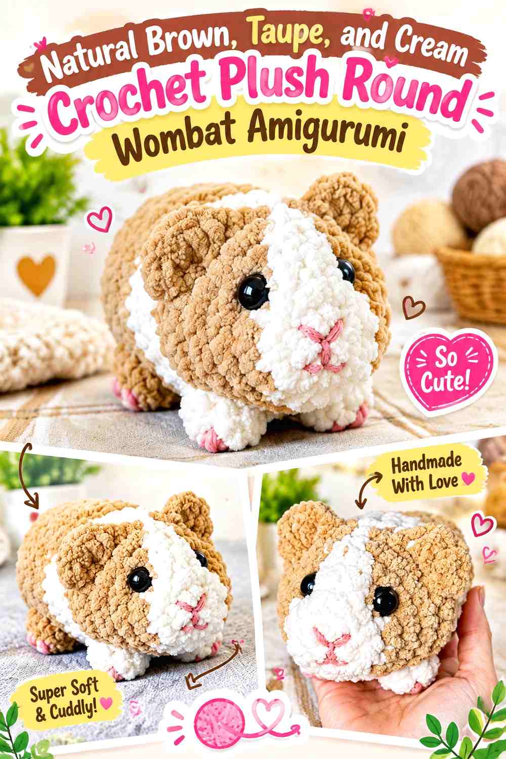 Natural Brown, Taupe, and Cream Crochet Plush Round Wombat Amigurumi