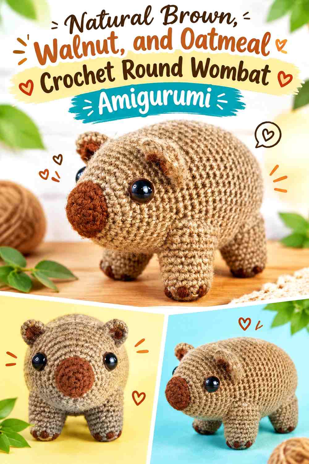 Natural Brown, Walnut, and Oatmeal Crochet Round Wombat Amigurumi