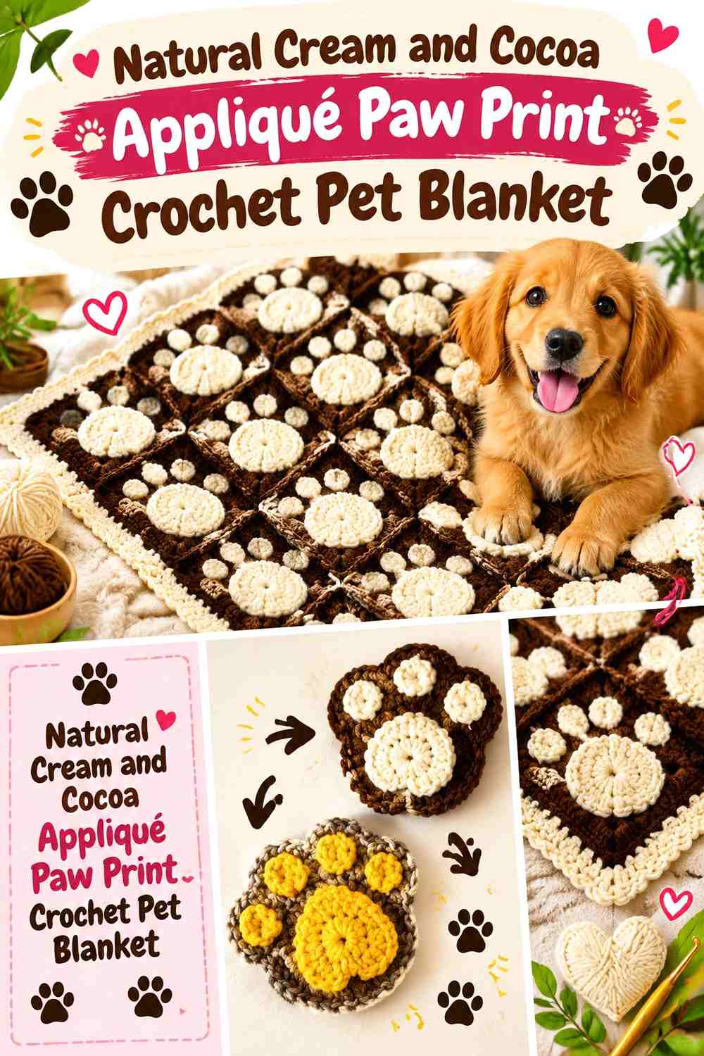 Natural Cream and Cocoa Appliqué Paw Print Crochet Pet Blanket