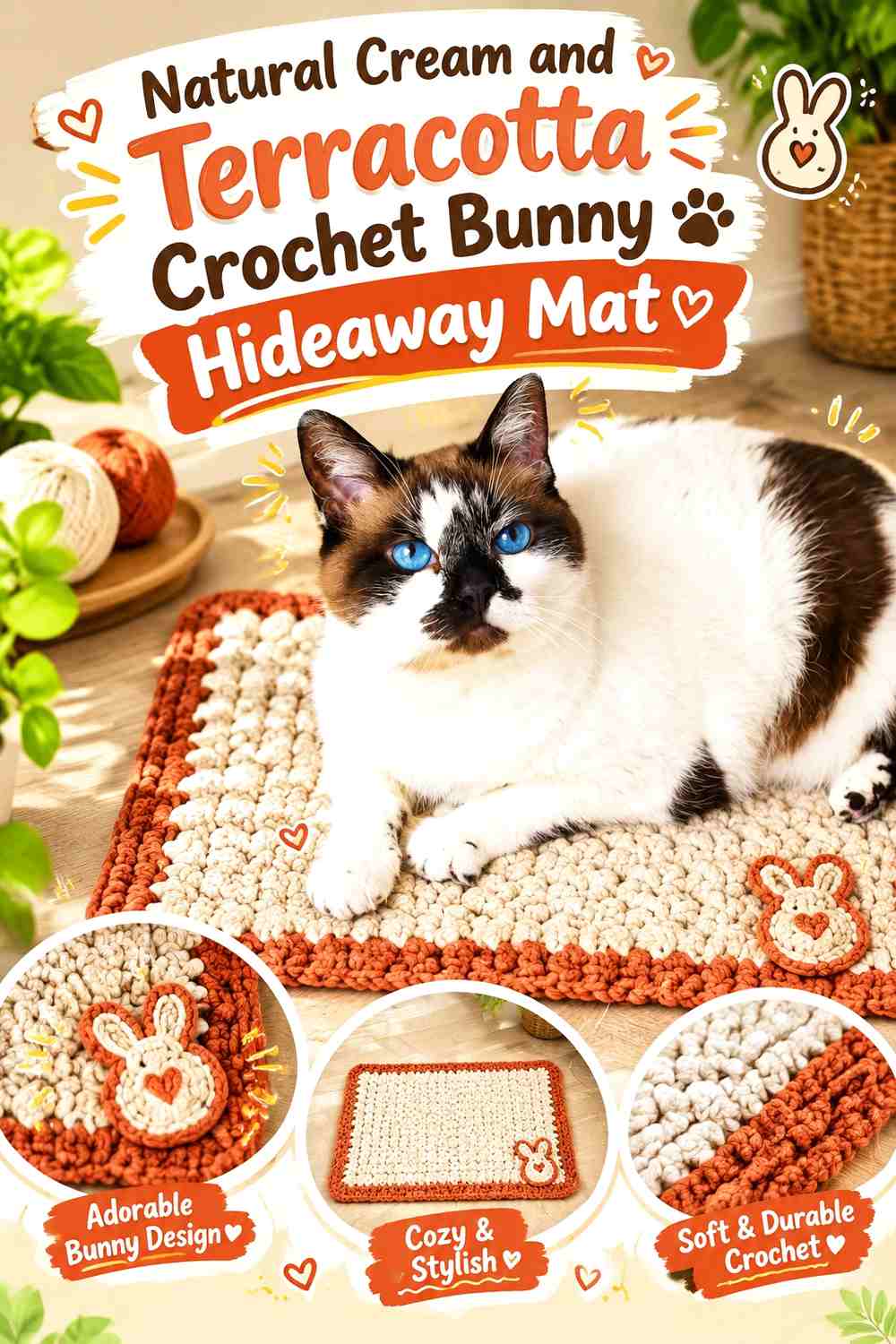 Natural Cream and Terracotta Crochet Bunny Hideaway Mat