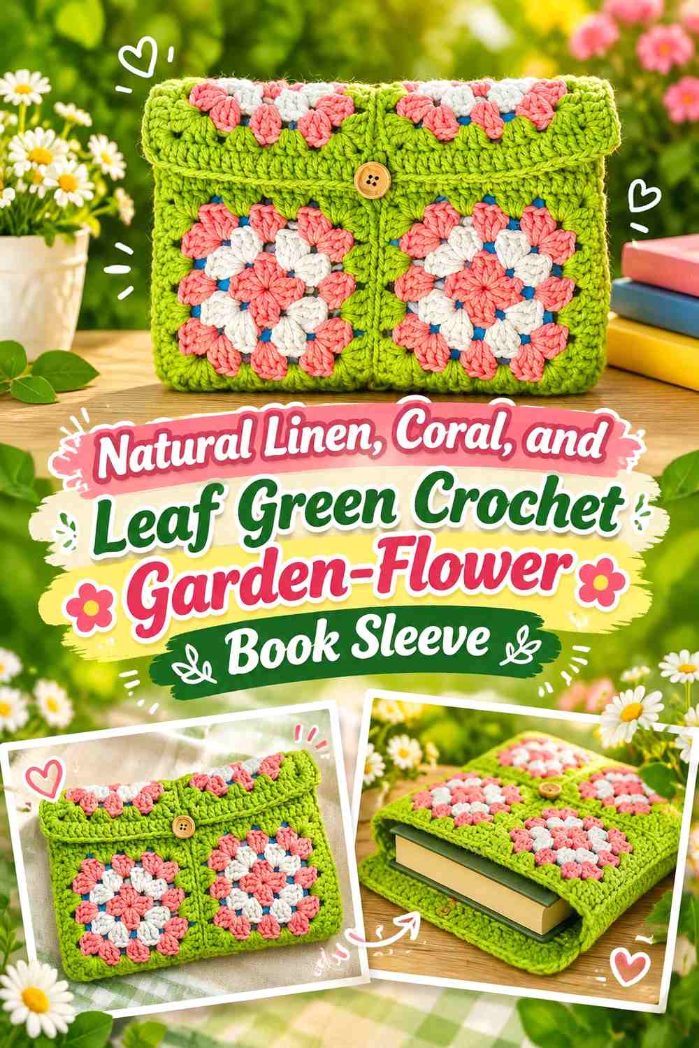 Natural Linen, Coral, and Leaf Green Crochet Garden-Flower Book Sleeve