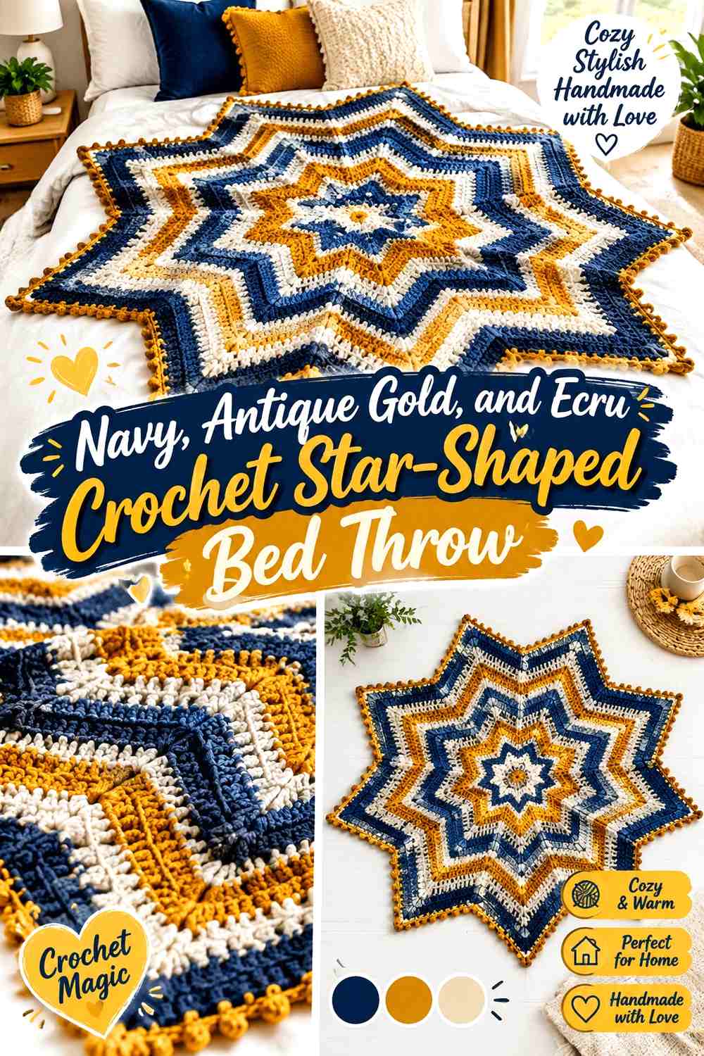 Navy, Antique Gold, and Ecru Crochet Star-Shaped Bed Throw