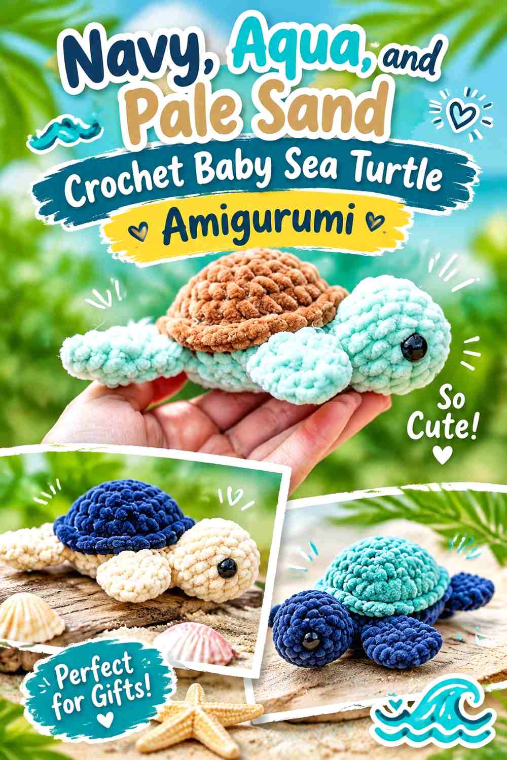 Navy, Aqua, and Pale Sand Crochet Baby Sea Turtle Amigurumi