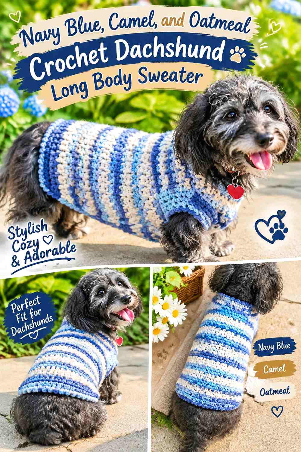 Navy Blue, Camel, and Oatmeal Crochet Dachshund Long Body Sweater
