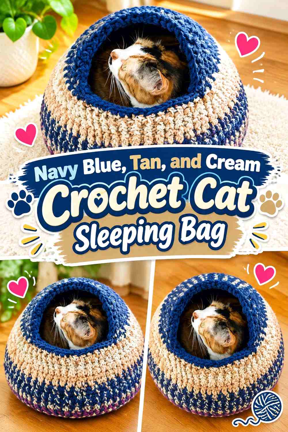Navy Blue, Tan, and Cream Crochet Cat Sleeping Bag