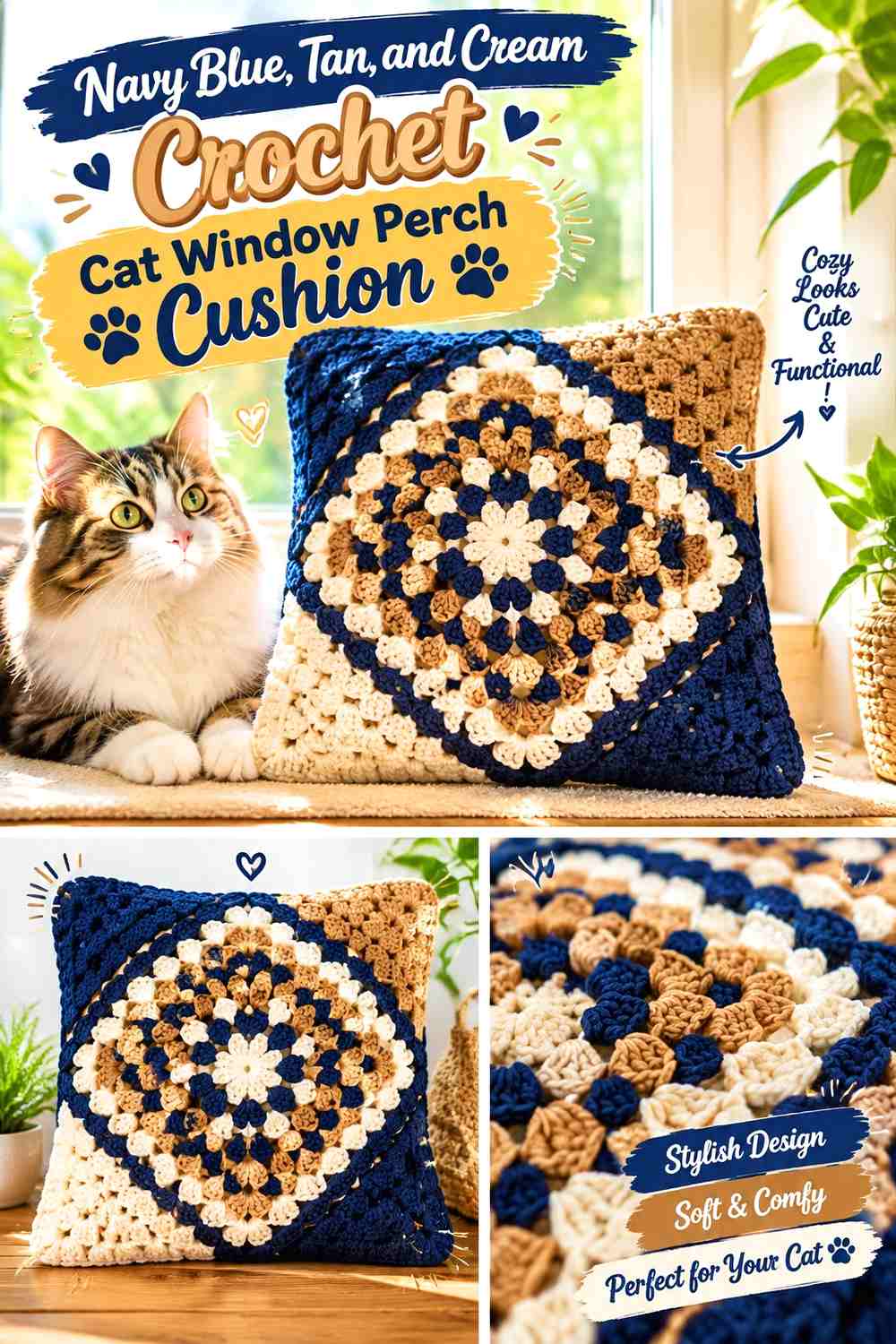 Navy Blue, Tan, and Cream Crochet Cat Window Perch Cushion