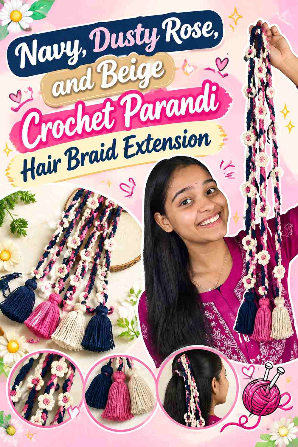 Navy, Dusty Rose, and Beige Crochet Parandi Hair Braid Extension
