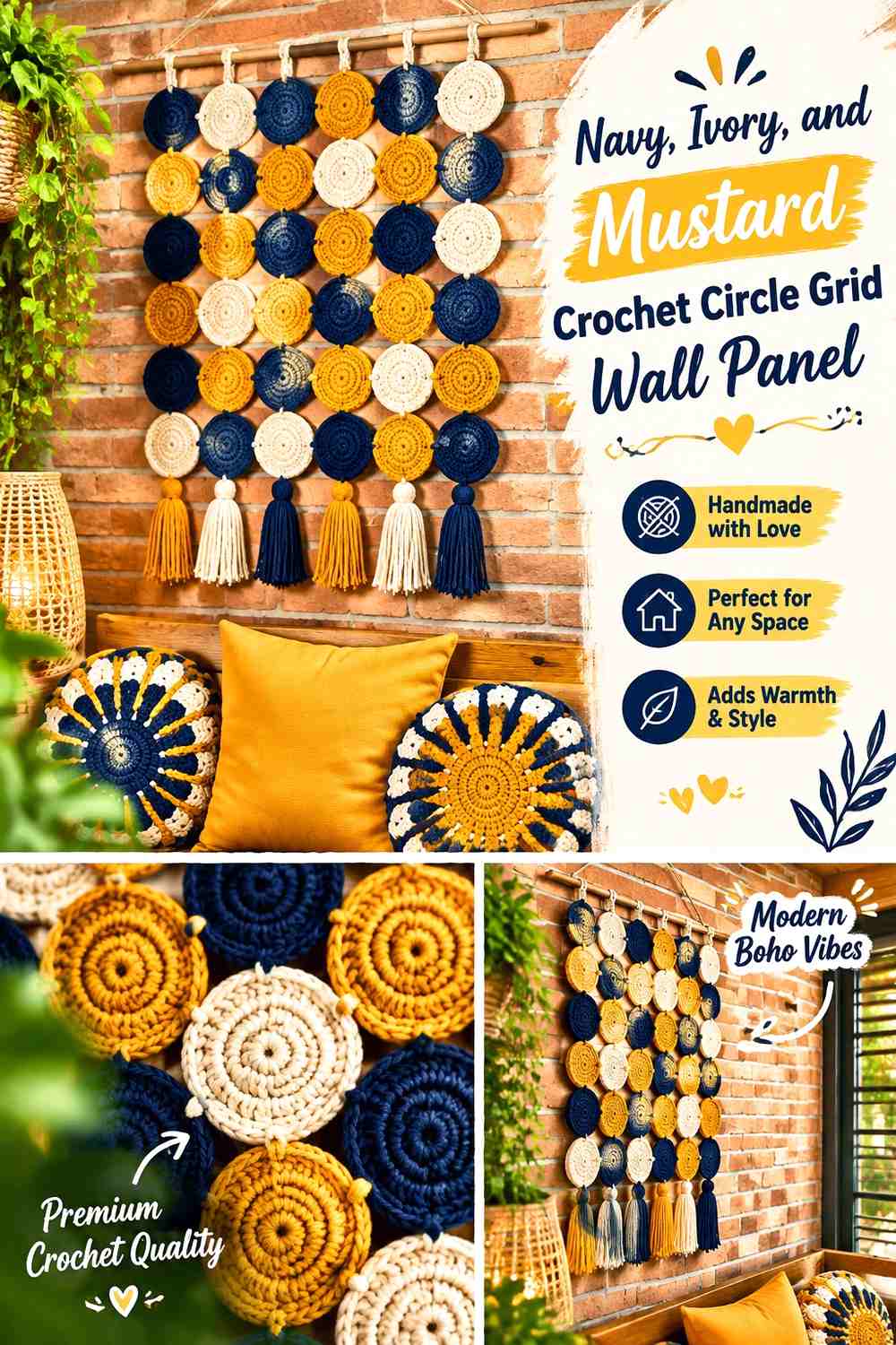 Navy, Ivory, and Mustard Crochet Circle Grid Wall Panel