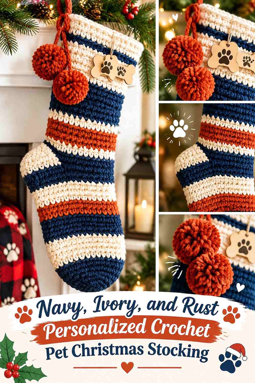 Navy, Ivory, and Rust Personalized Crochet Pet Christmas Stocking
