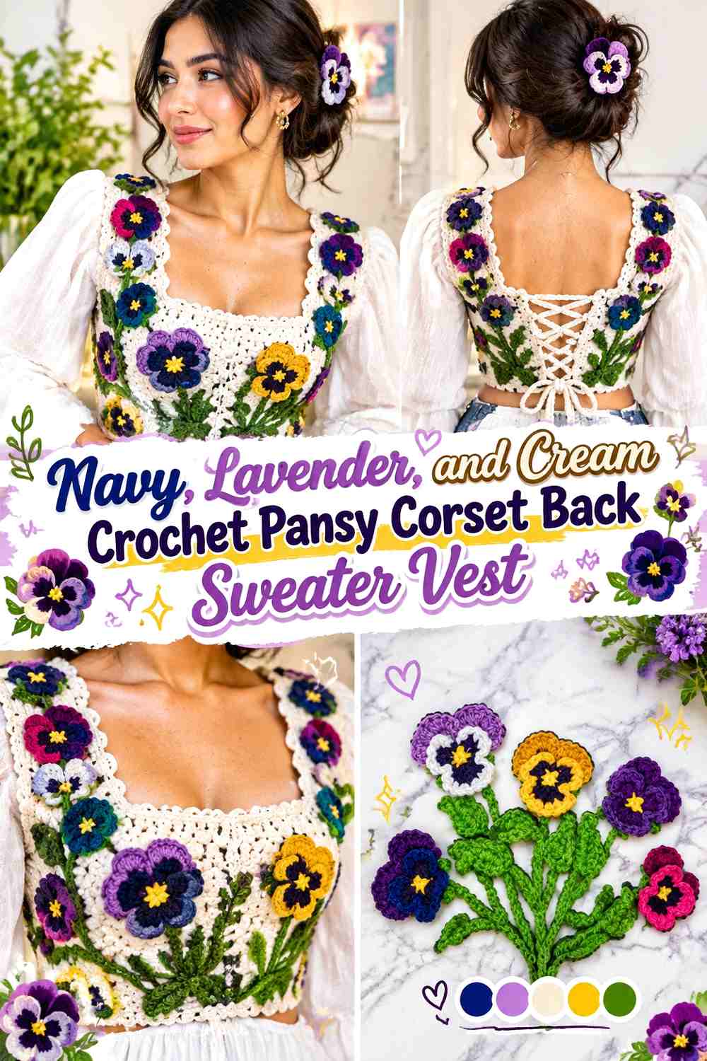 Navy, Lavender, and Cream Crochet Pansy Corset Back Sweater Vest