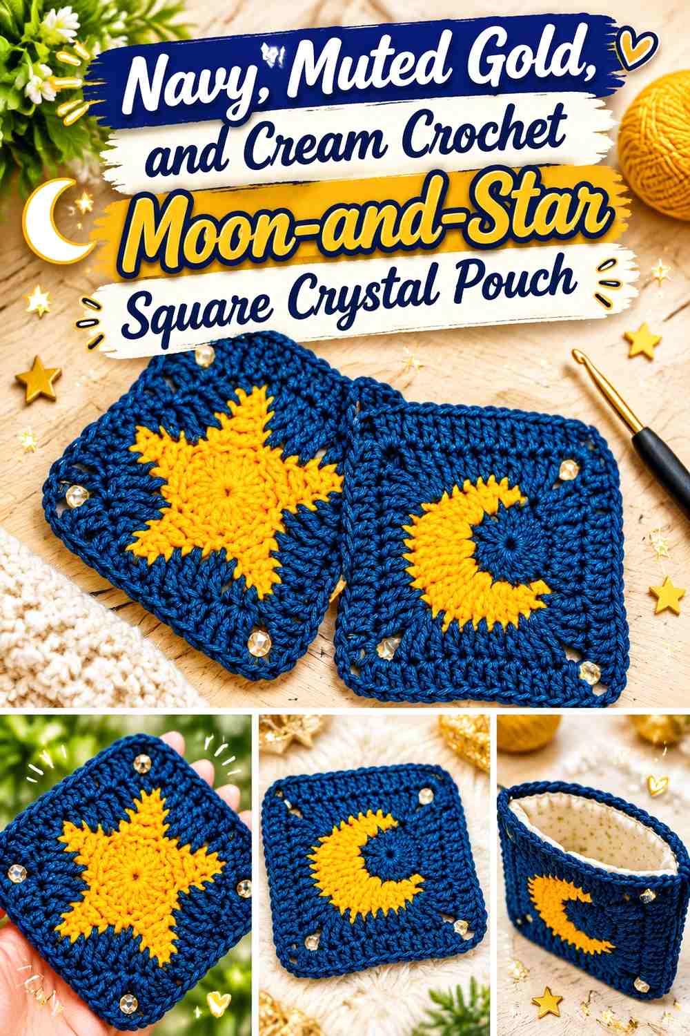 Navy, Muted Gold, and Cream Crochet Moon-and-Star Square Crystal Pouch