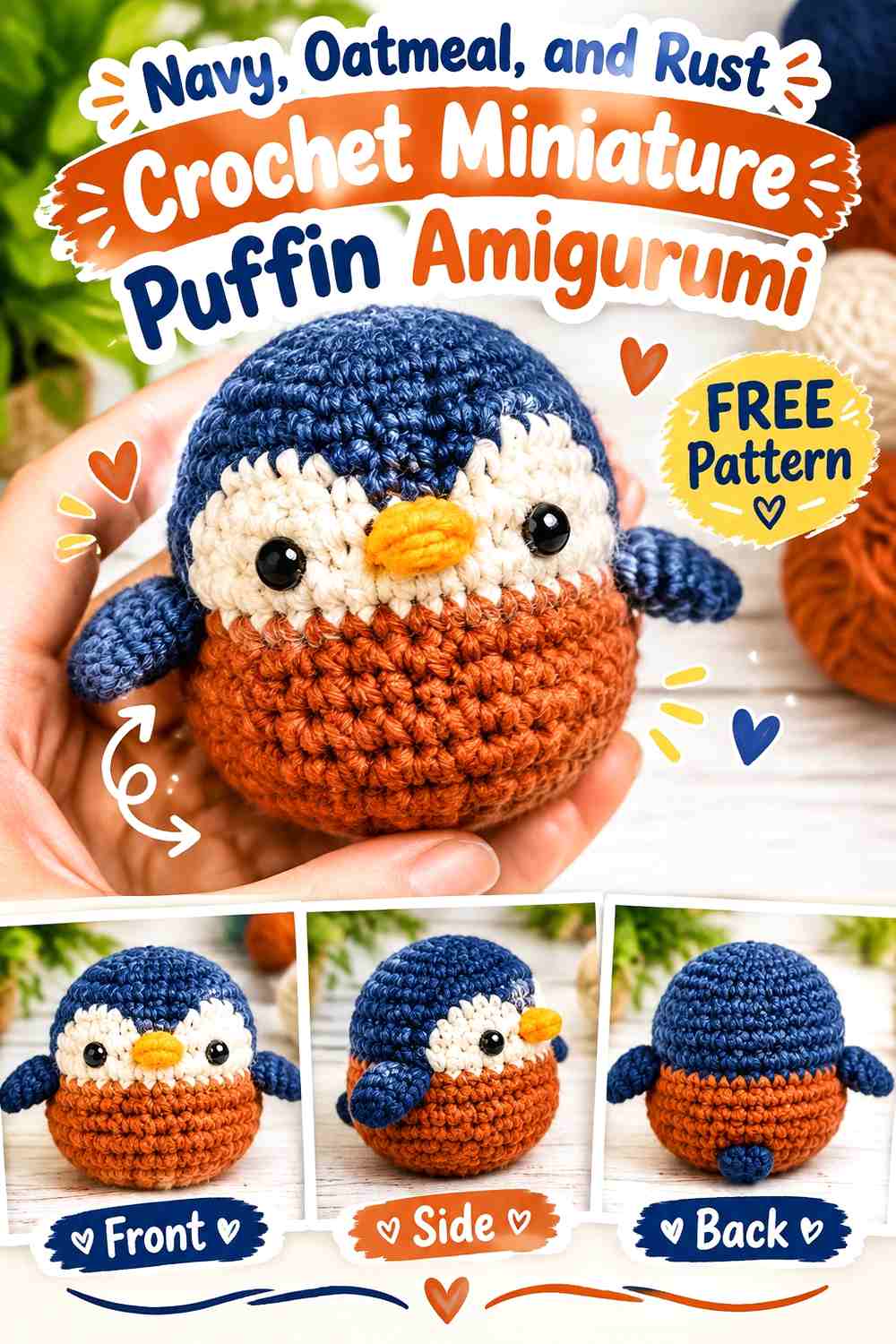 Navy, Oatmeal, and Rust Crochet Miniature Puffin Amigurumi