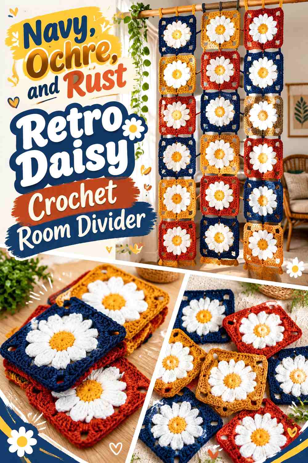 Navy, Ochre, and Rust Retro Daisy Crochet Room Divider