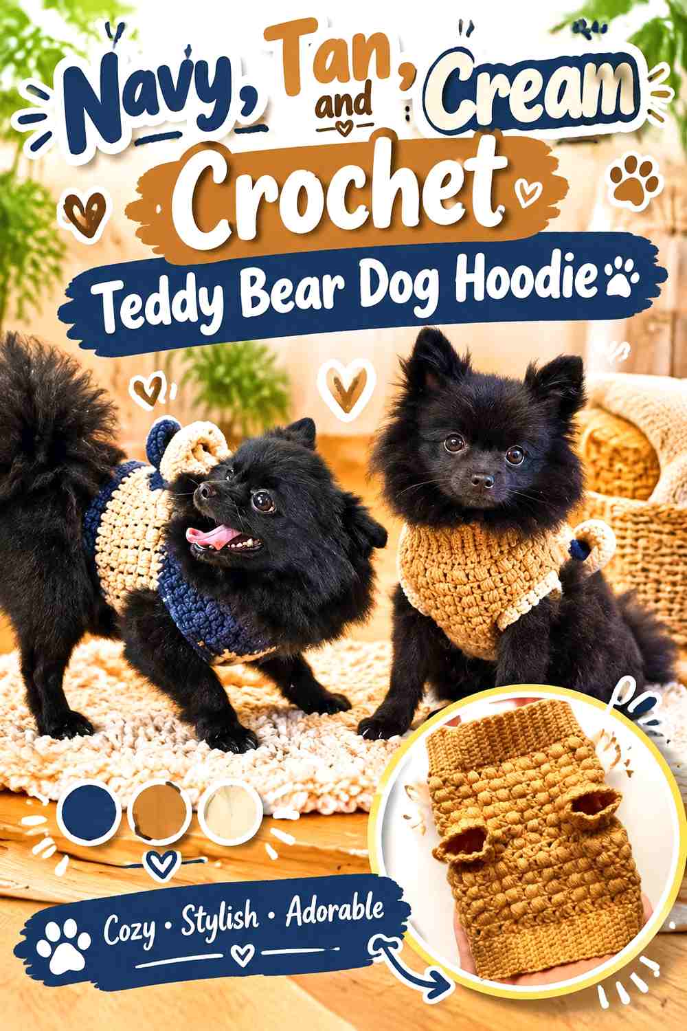 Navy, Tan, and Cream Crochet Teddy Bear Dog Hoodie