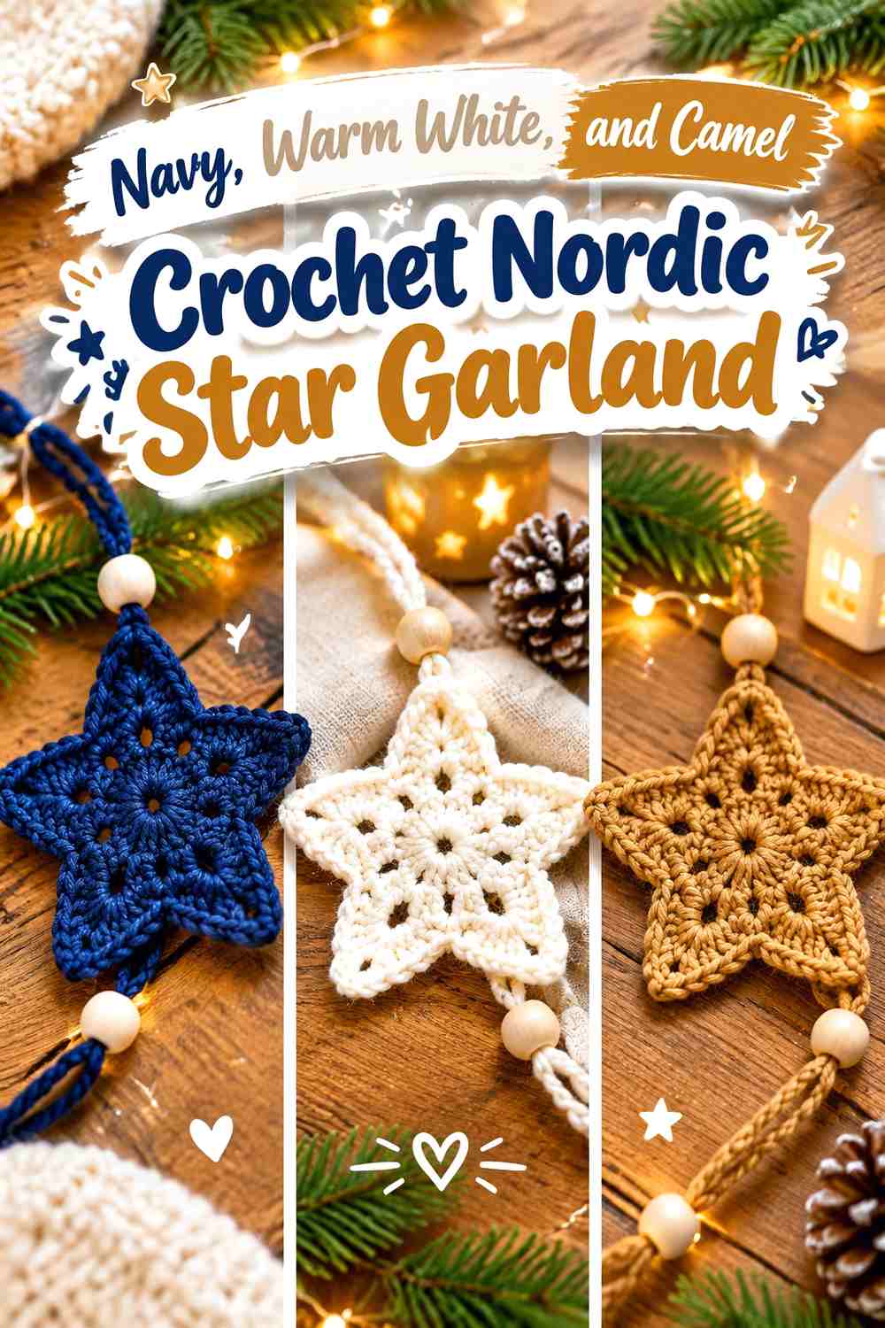 Navy, Warm White, and Camel Crochet Nordic Star Garland