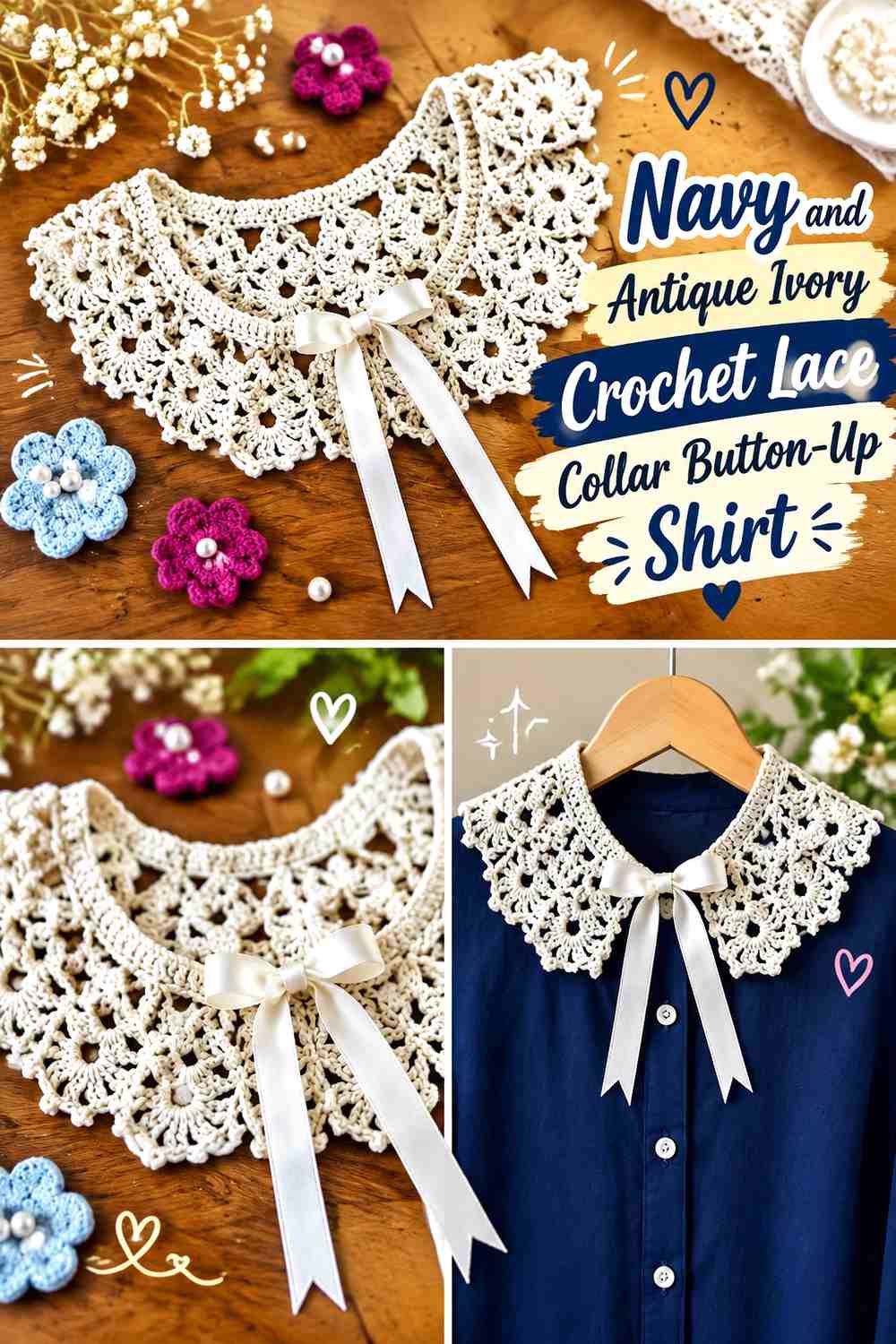 Navy and Antique Ivory Crochet Lace Collar Button-Up Shirt