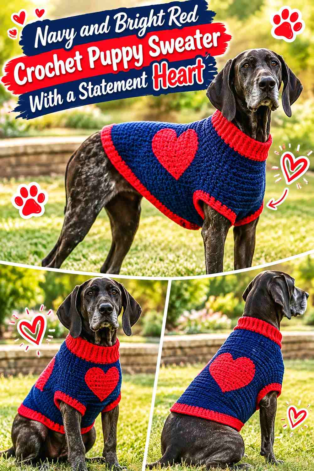 Navy and Bright Red Crochet Puppy Sweater With a Statement Heart