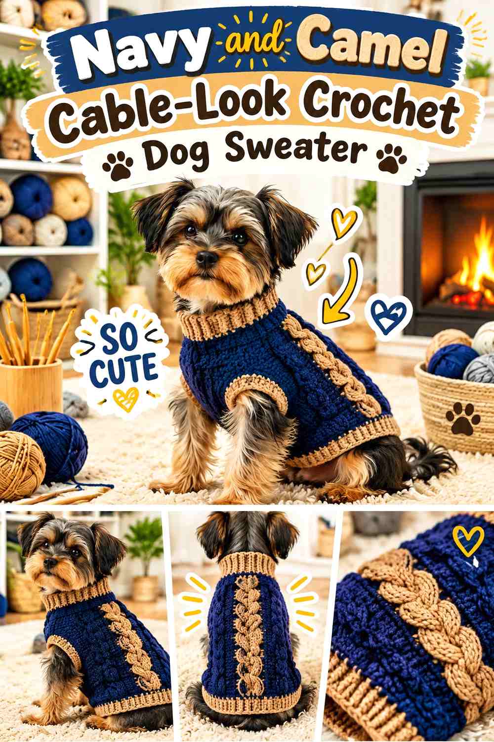 Navy and Camel Cable-Look Crochet Dog Sweater