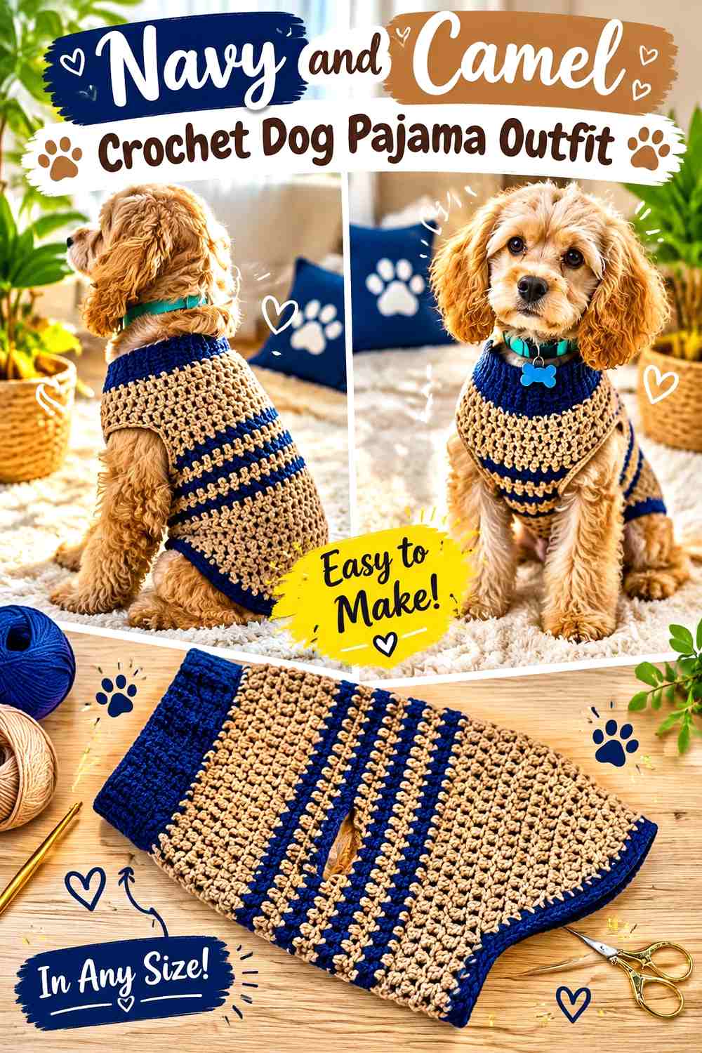 Navy and Camel Crochet Dog Pajama Outfit