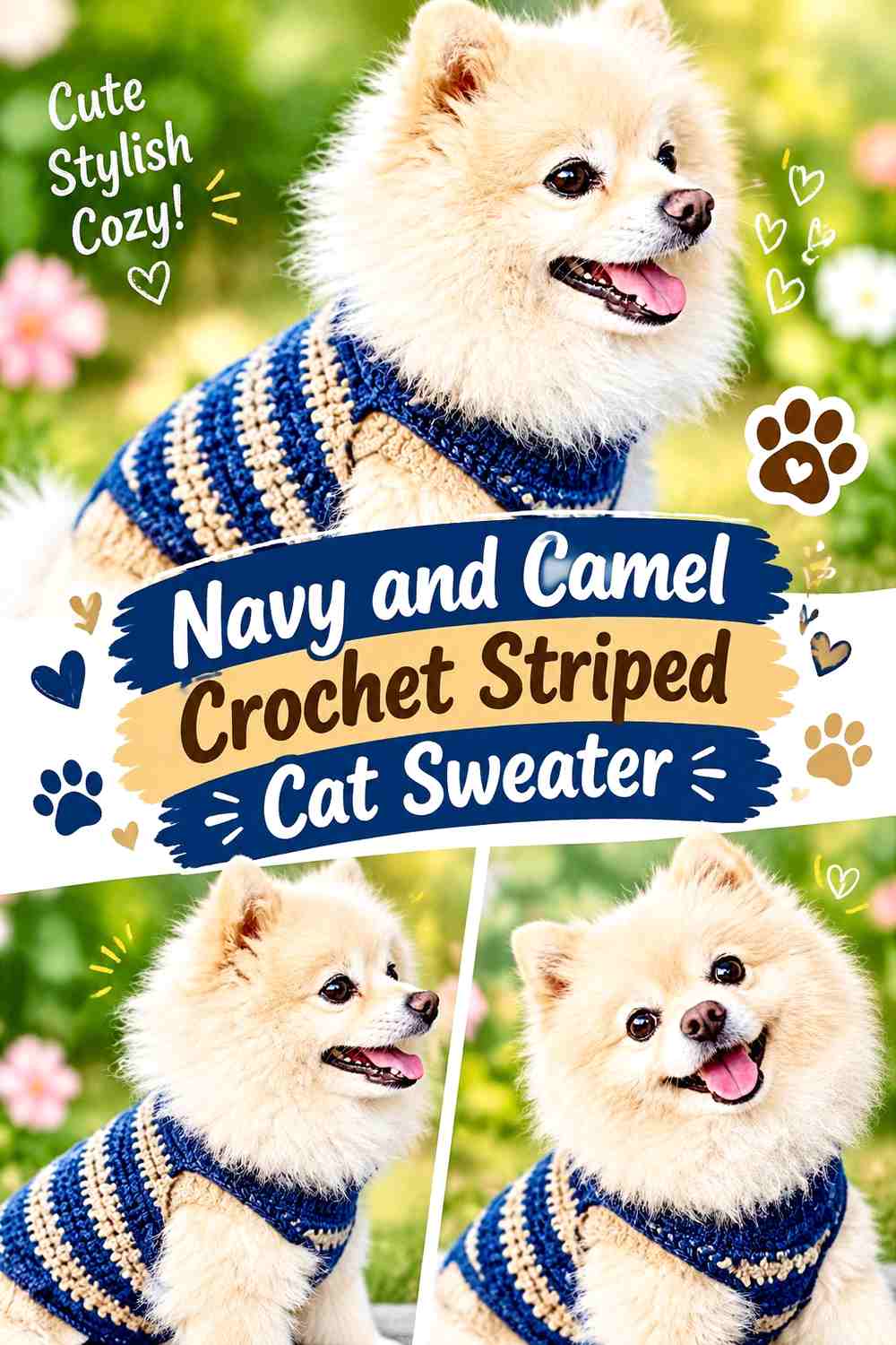 Navy and Camel Crochet Striped Cat Sweater