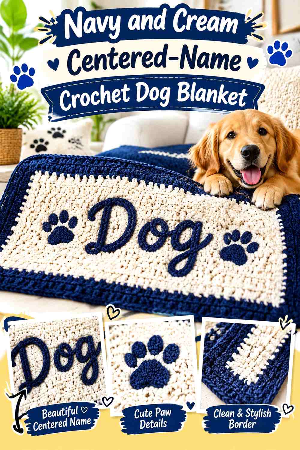 Navy and Cream Centered-Name Crochet Dog Blanket