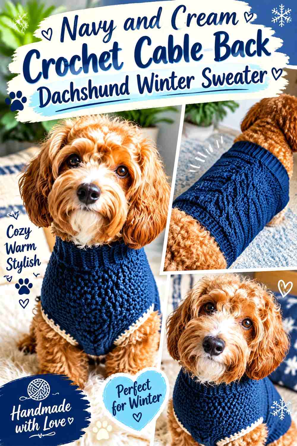 Navy and Cream Crochet Cable-Back Dachshund Winter Sweater