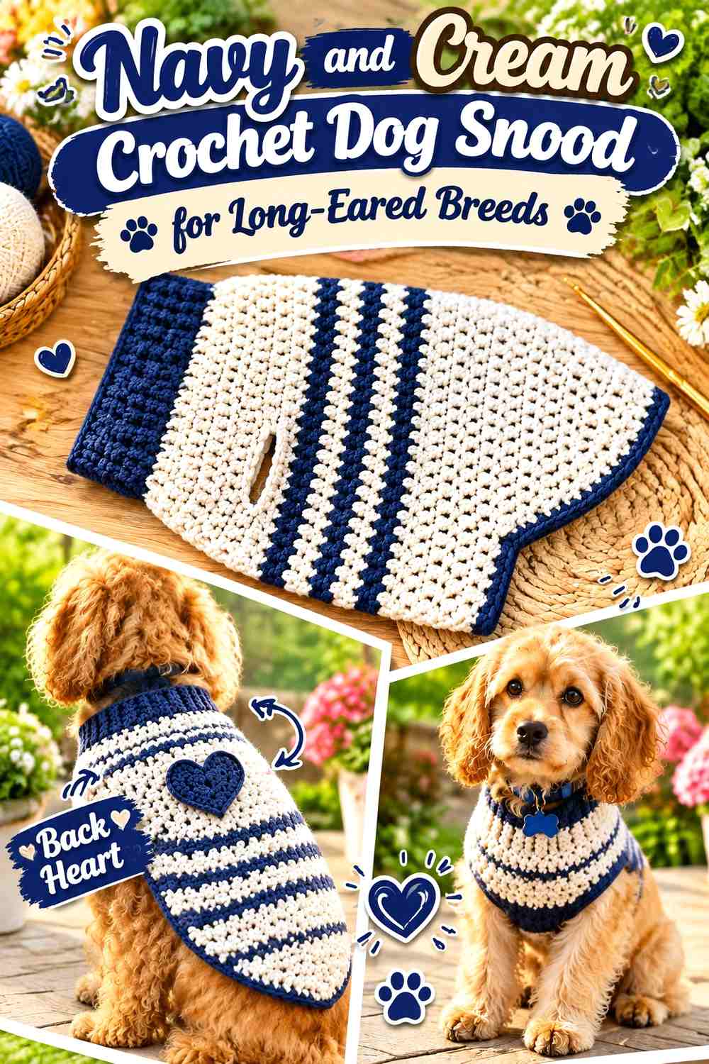 Navy and Cream Crochet Dog Snood for Long-Eared Breeds