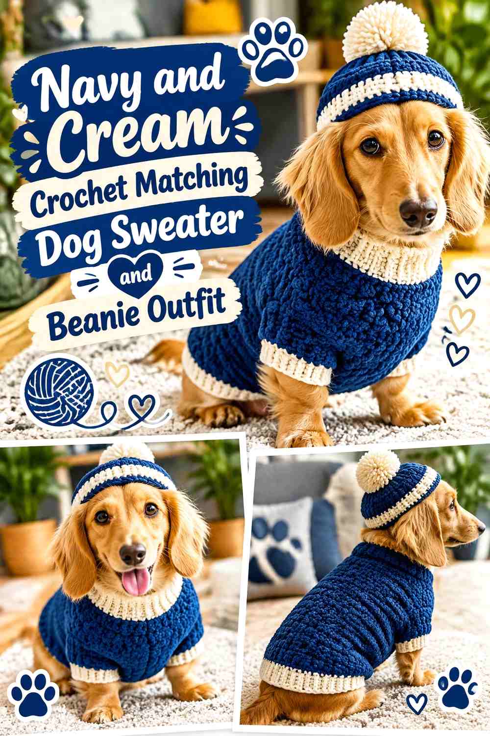 Navy and Cream Crochet Matching Dog Sweater and Beanie Outfit