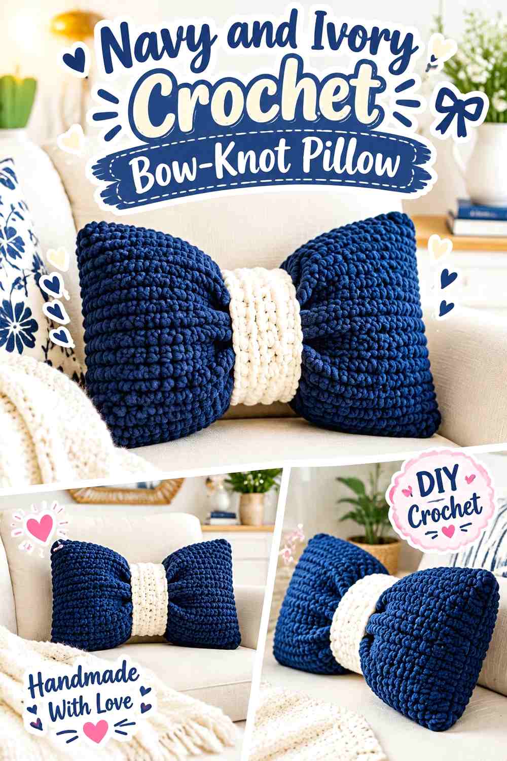 Navy and Ivory Crochet Bow-Knot Pillow