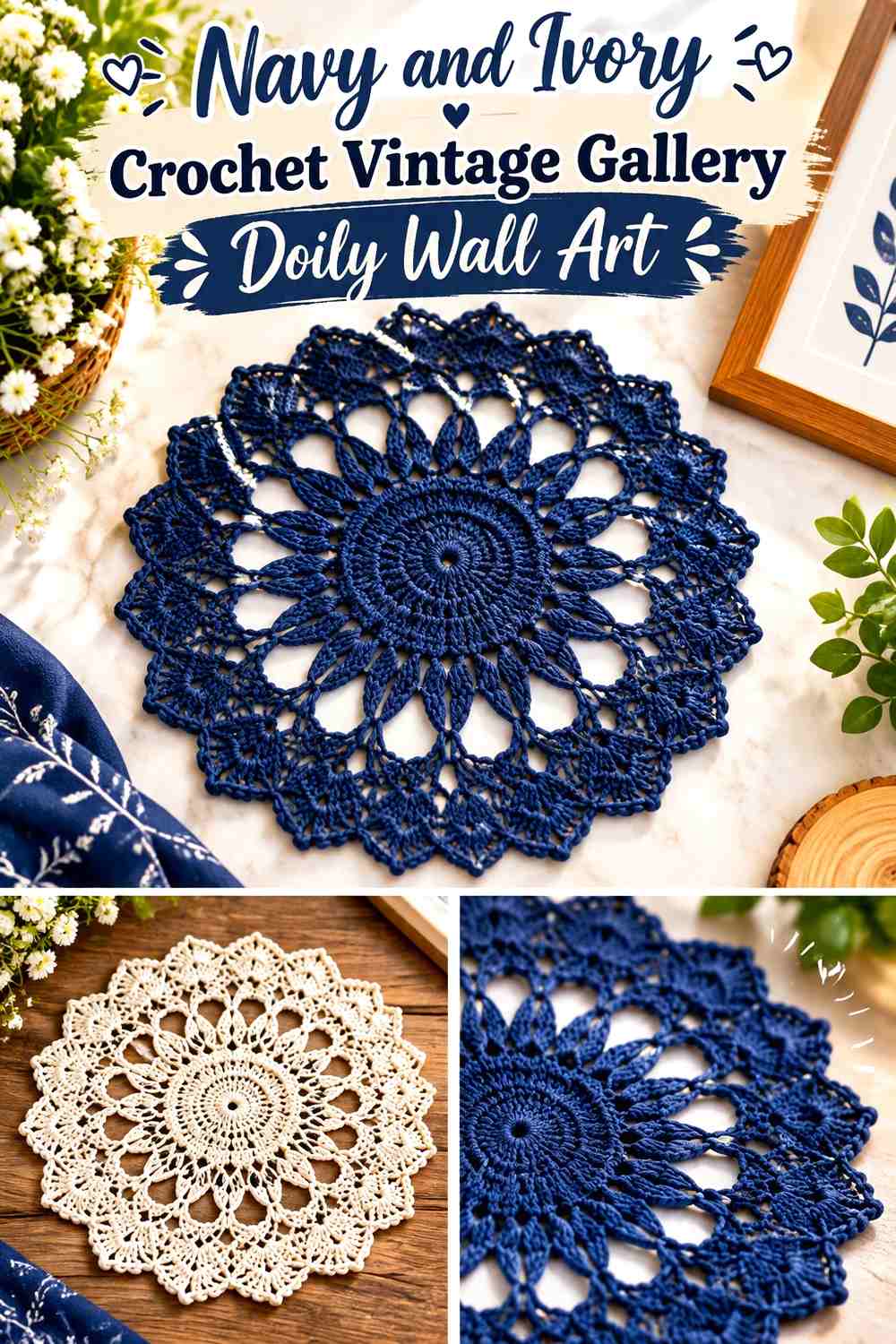 Navy and Ivory Crochet Vintage Gallery Doily Wall Art