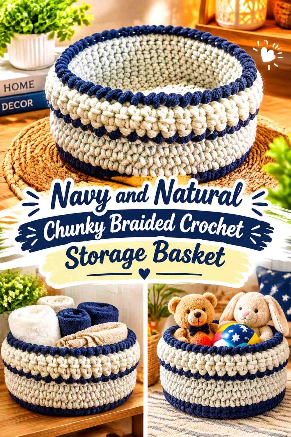 Navy and Natural Chunky Braided Crochet Storage Basket