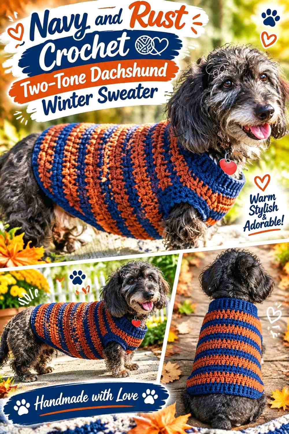 Navy and Rust Crochet Two-Tone Dachshund Winter Sweater