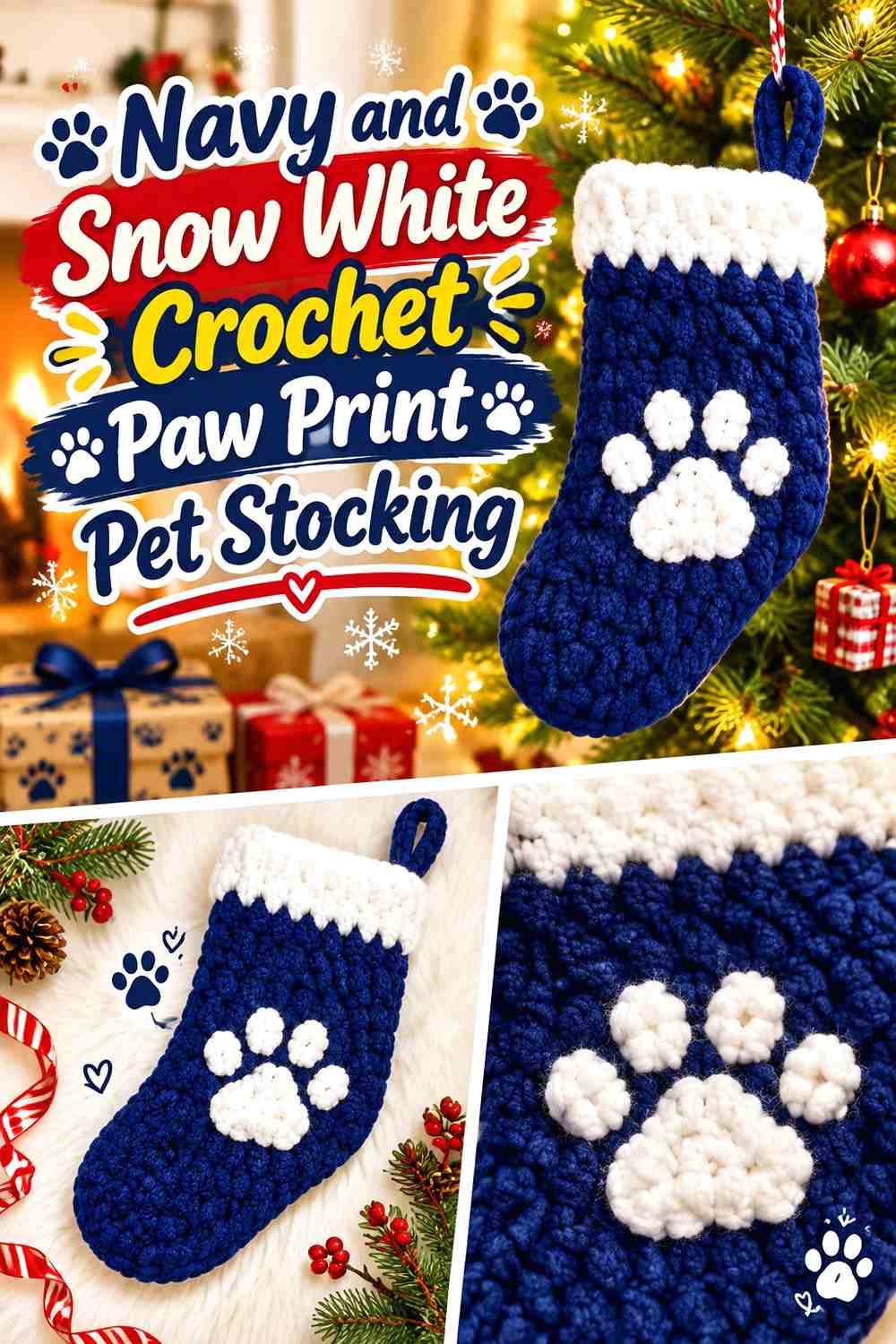 Navy and Snow White Crochet Paw Print Pet Stocking