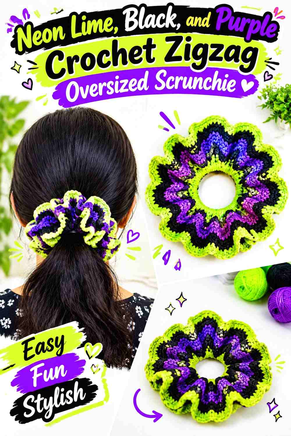 Neon Lime, Black, and Purple Crochet Zigzag Oversized Scrunchie