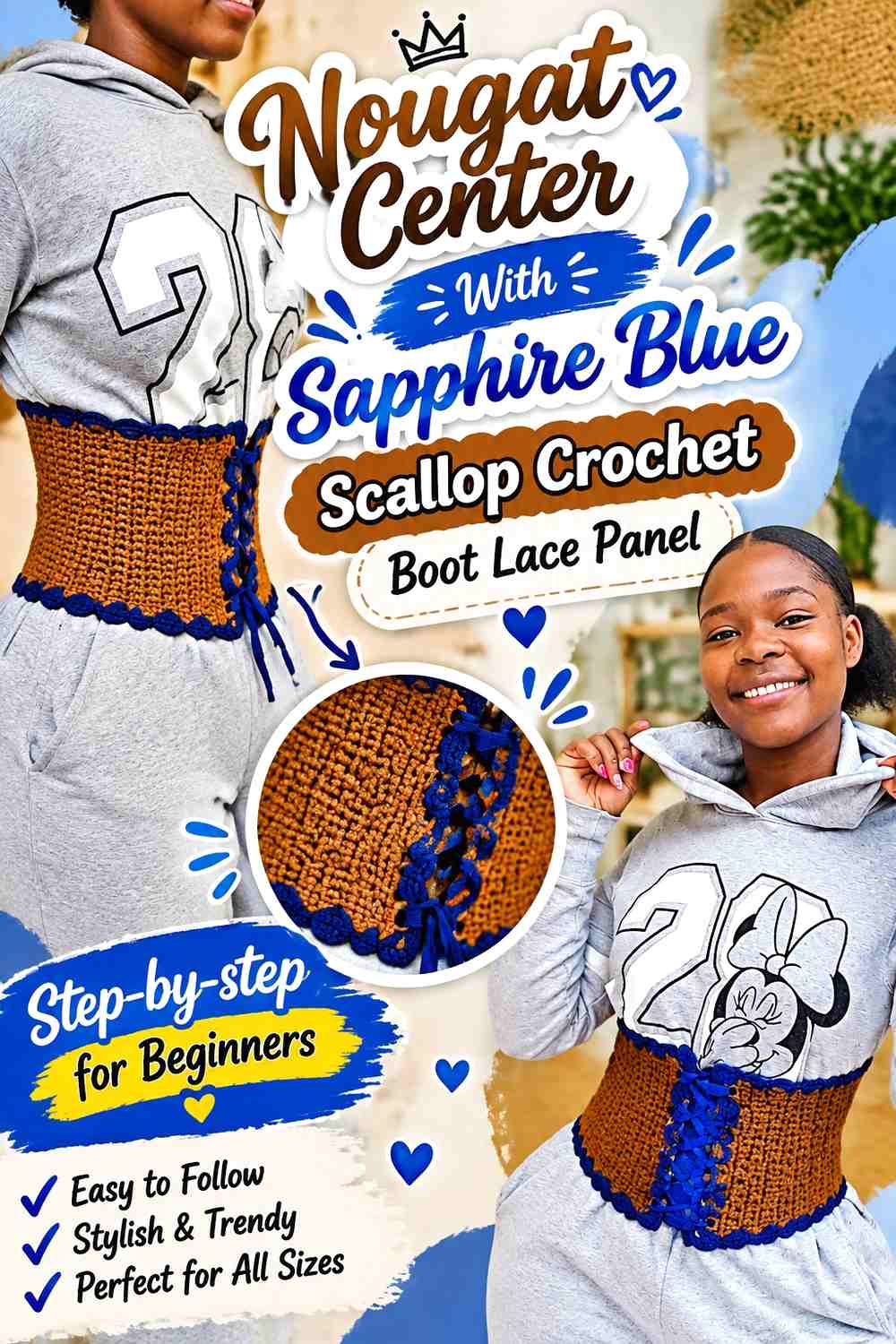 7. Nougat Center With Sapphire Blue Scallop Crochet Boot Lace Panel