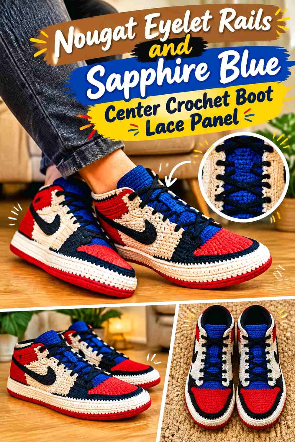 9. Nougat Eyelet Rails And Sapphire Blue Center Crochet Boot Lace Panel