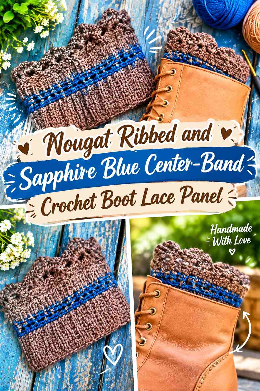 3. Nougat Ribbed And Sapphire Blue Center Band Crochet Boot Lace Panel