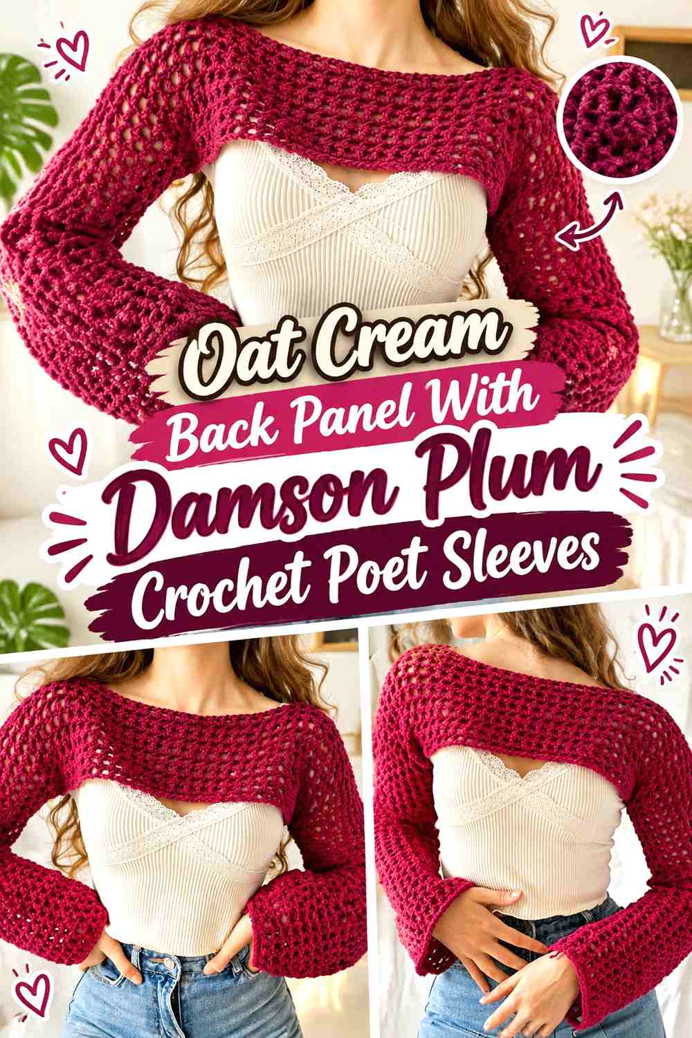 Oat Cream Back Panel With Damson Plum Crochet Poet Sleeves