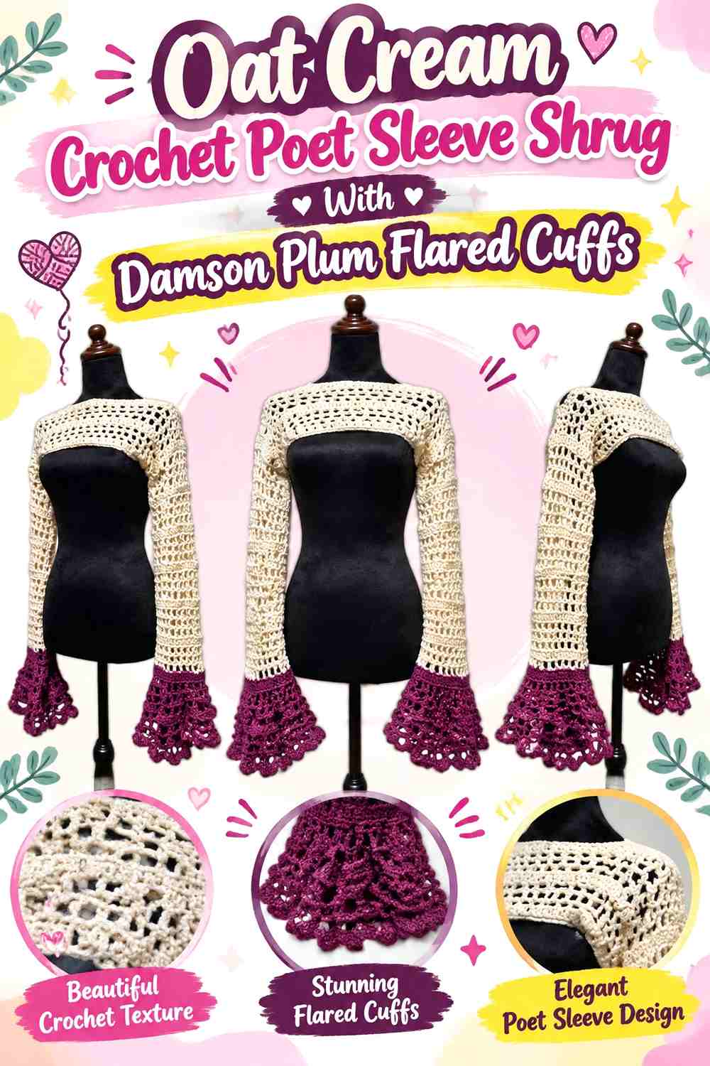 Oat Cream Crochet Poet Sleeve Shrug With Damson Plum Flared Cuffs