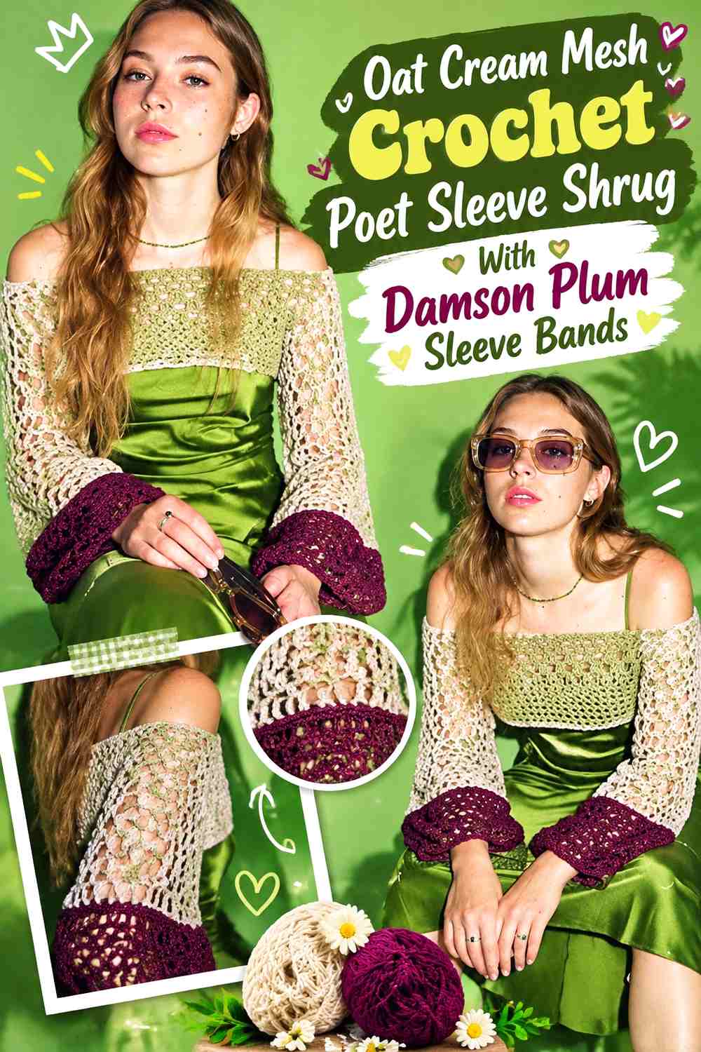 Oat Cream Mesh Crochet Poet Sleeve Shrug With Damson Plum Sleeve Bands