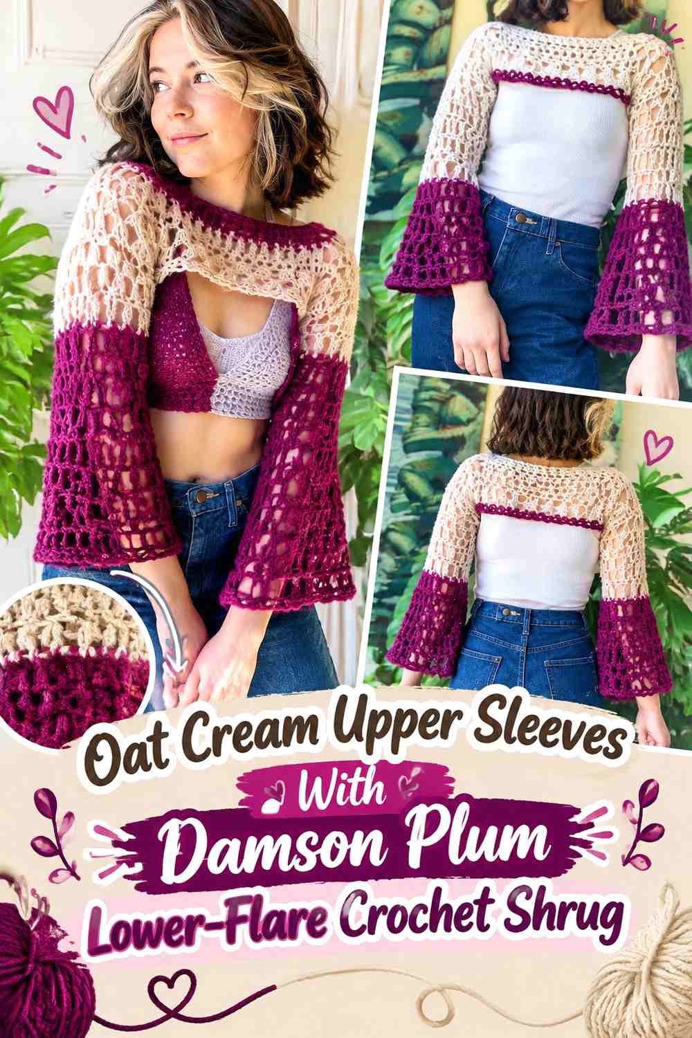 Oat Cream Upper Sleeves With Damson Plum Lower-Flare Crochet Shrug