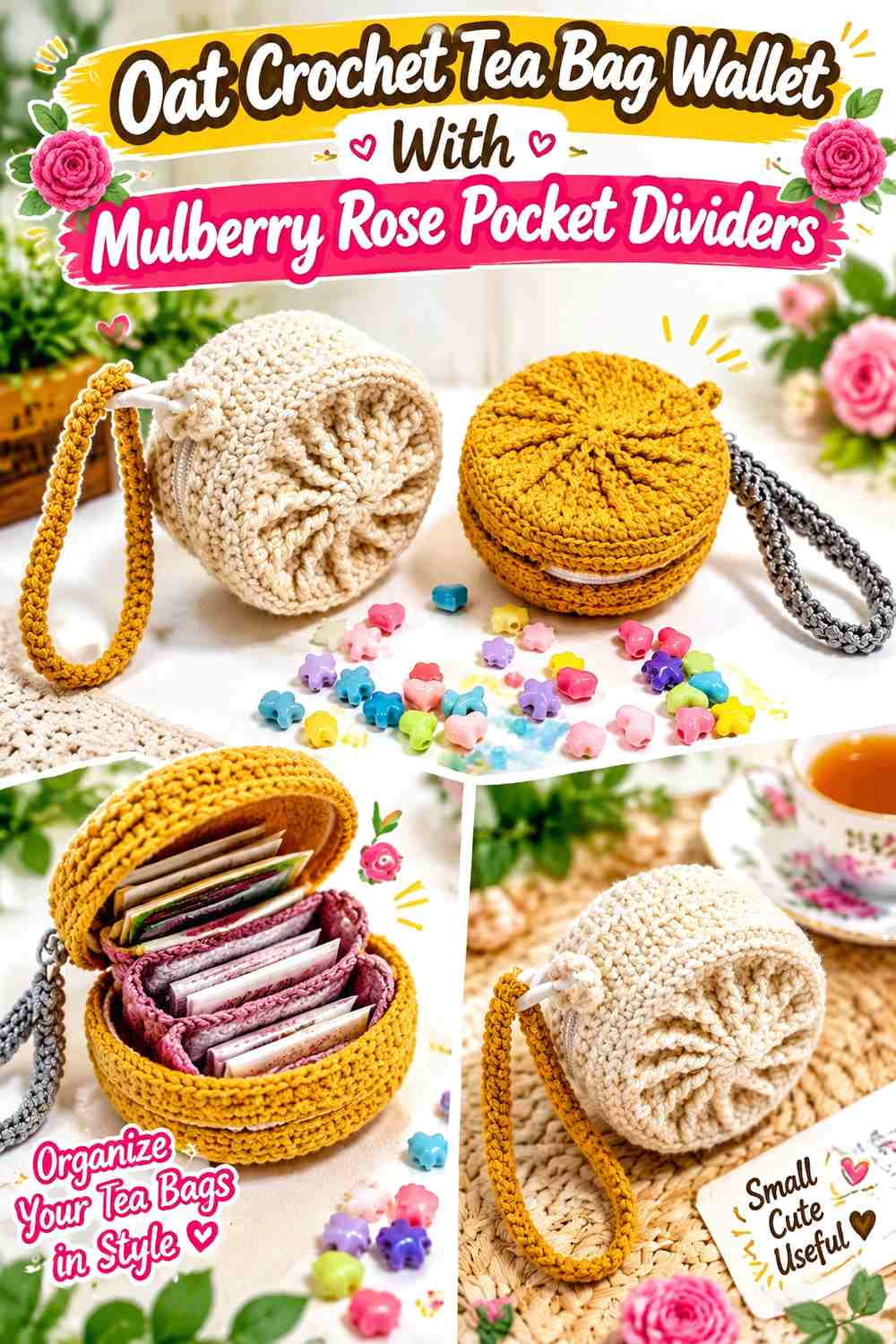Oat Crochet Tea Bag Wallet With Mulberry Rose Pocket Dividers