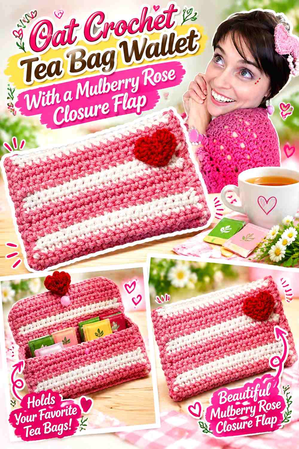 Oat Crochet Tea Bag Wallet With a Mulberry Rose Closure Flap