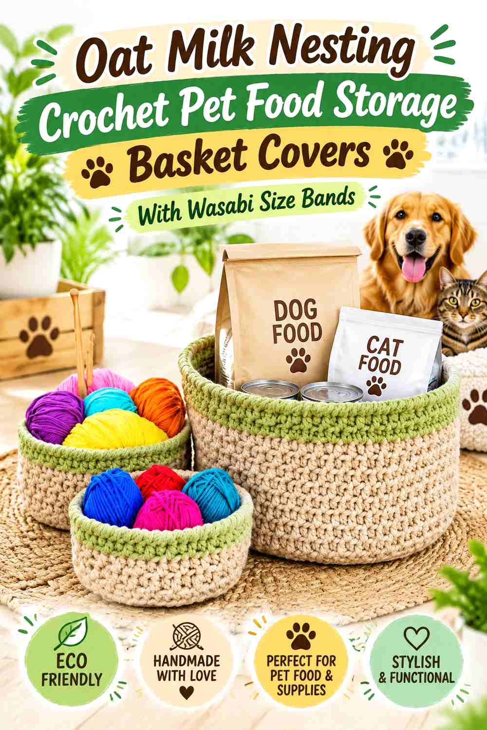 Oat Milk Nesting Crochet Pet Food Storage Basket Covers With Wasabi Size Bands