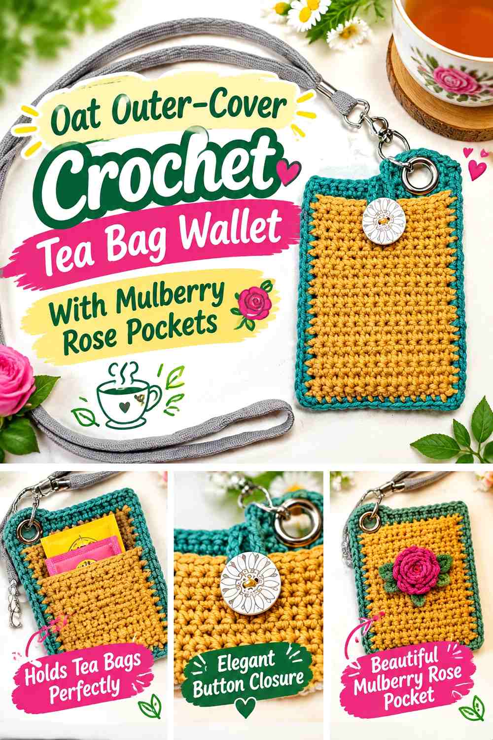 Oat Outer-Cover Crochet Tea Bag Wallet With Mulberry Rose Pockets