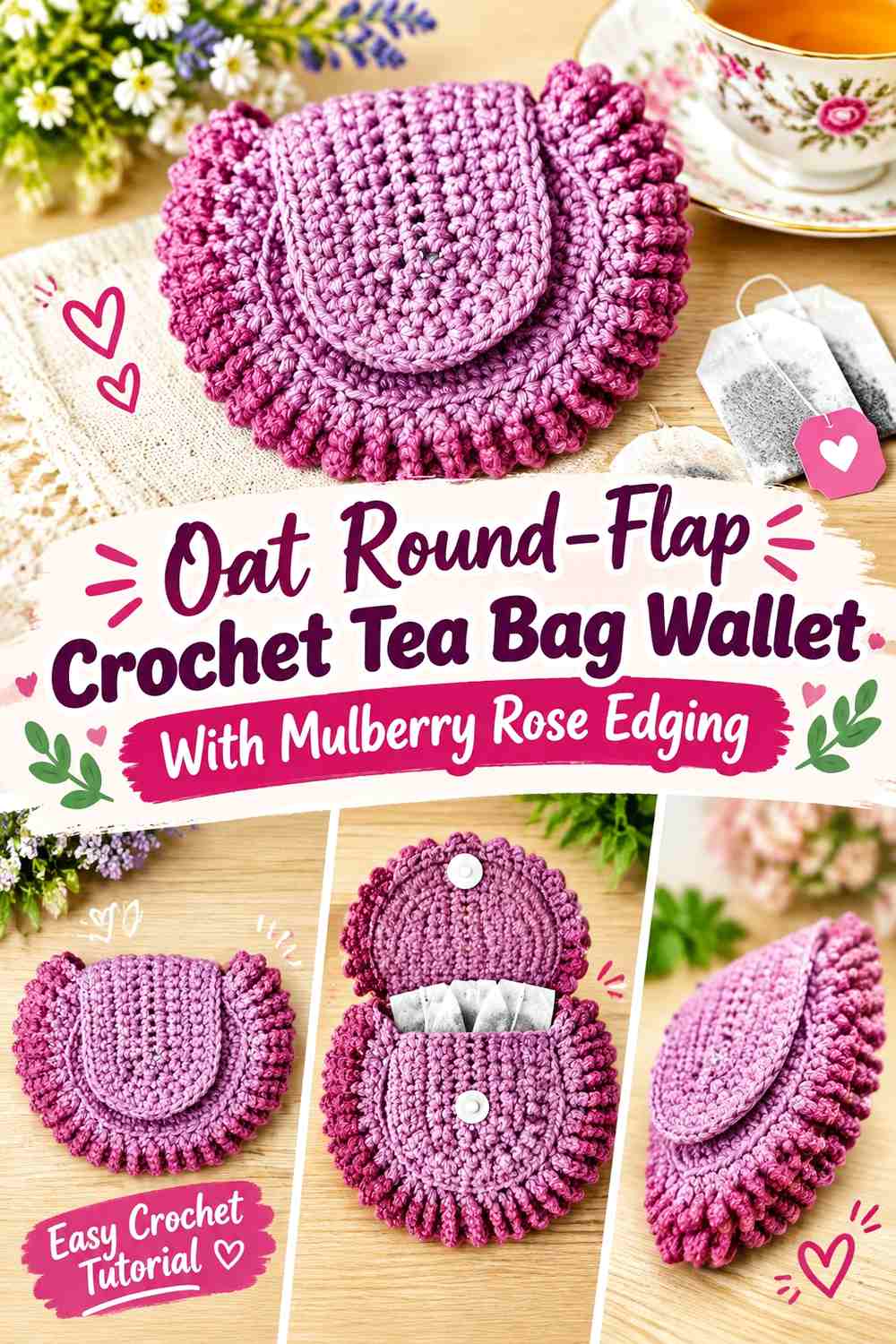 Oat Round-Flap Crochet Tea Bag Wallet With Mulberry Rose Edging