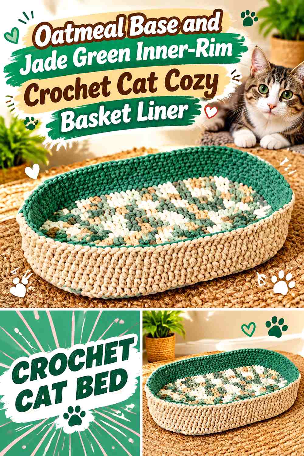 Oatmeal Base and Jade Green Inner-Rim Crochet Cat Cozy Basket Liner